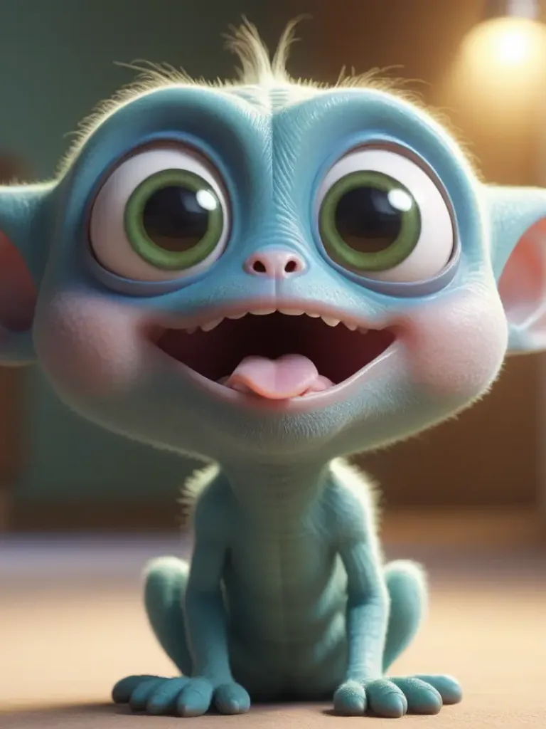 A 3D animated little creature with huge eyes and a wide grin