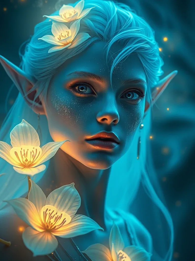 A fantasy elf with blue skin and glowing flowers in her hair