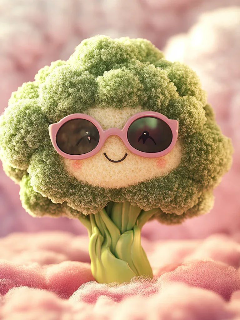 A 3D broccoli character in pink sunglasses on a pink cloud