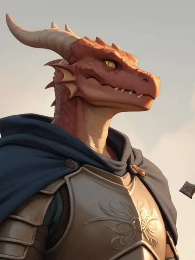 A dragon-headed knight in a dark cloak and armour, holding a sword