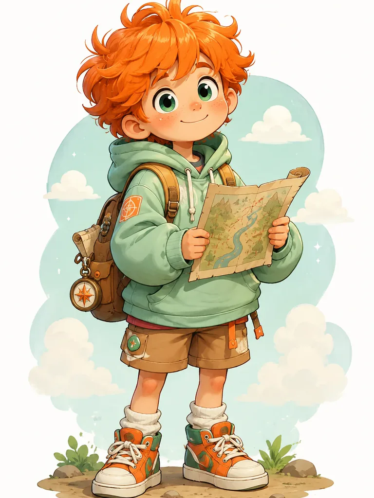 A cartoon boy with orange hair and a backpack, reading a map
