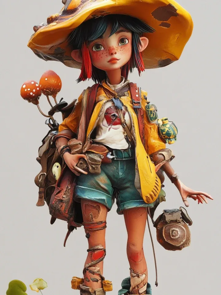 A 3D girl adventurer in a mushroom hat with a satchel