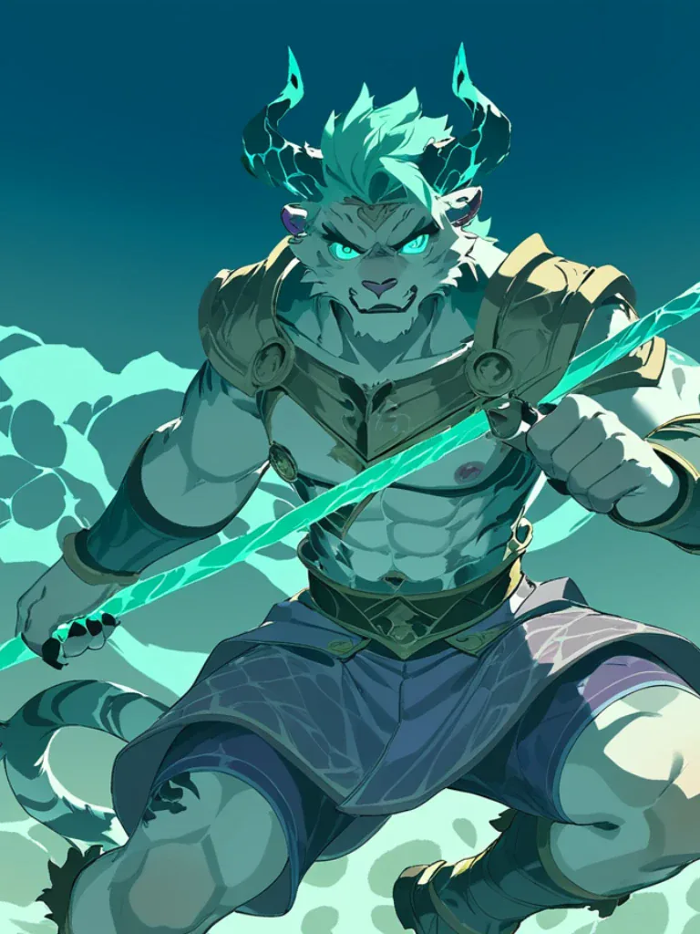 A green fantasy orc warrior swinging a glowing spear