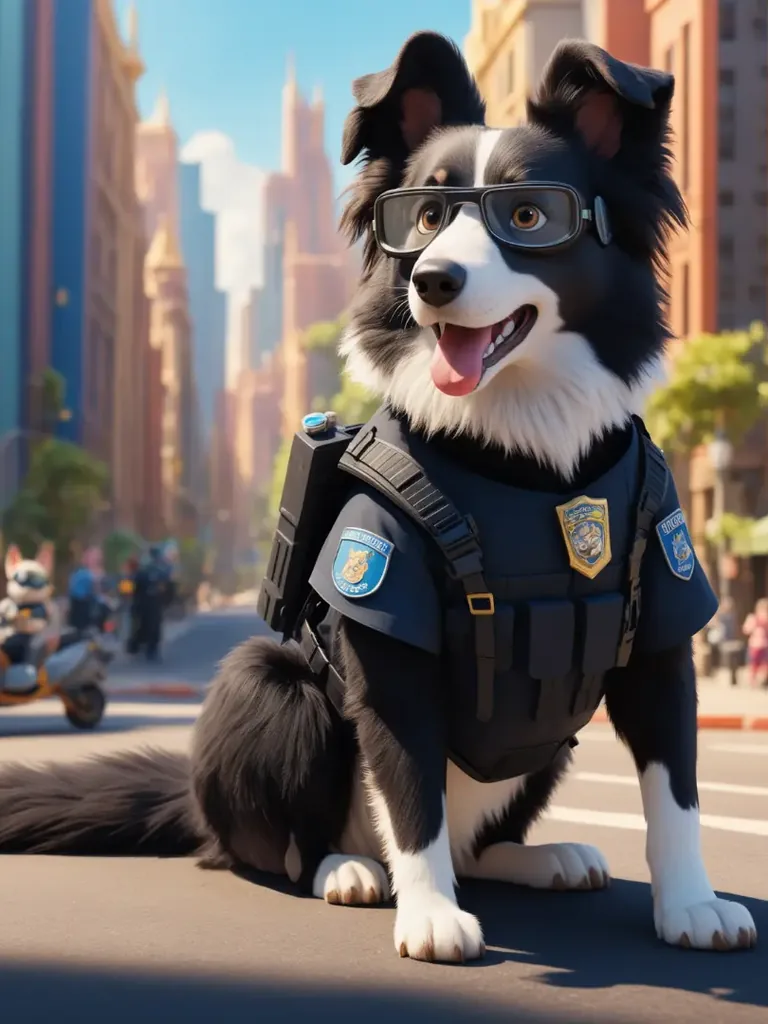 A 3D animated border collie in a police vest on a city street