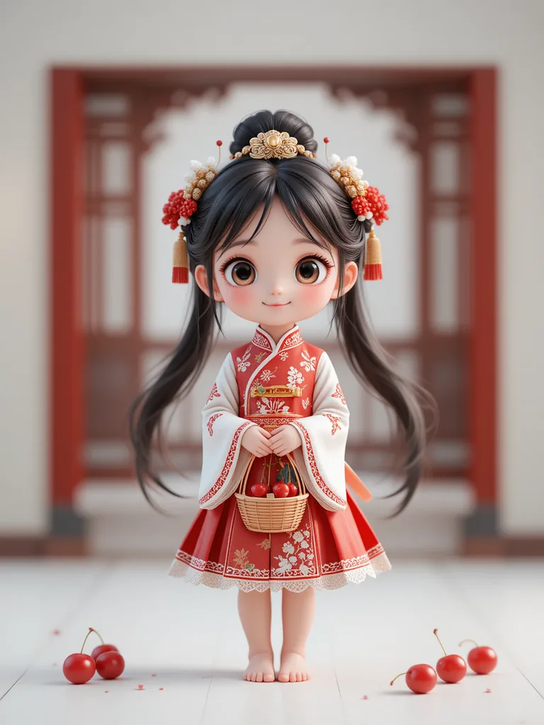 A 3D chibi girl in a red embroidered dress holding a basket
