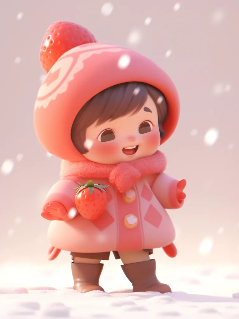 A 3D animated child in a strawberry hat and a pink winter coat