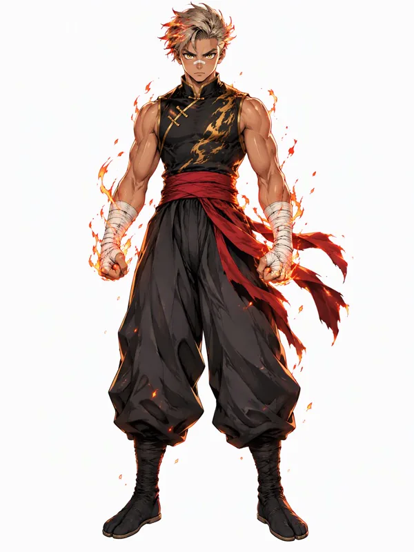 Shonen anime fighter with flaming fists