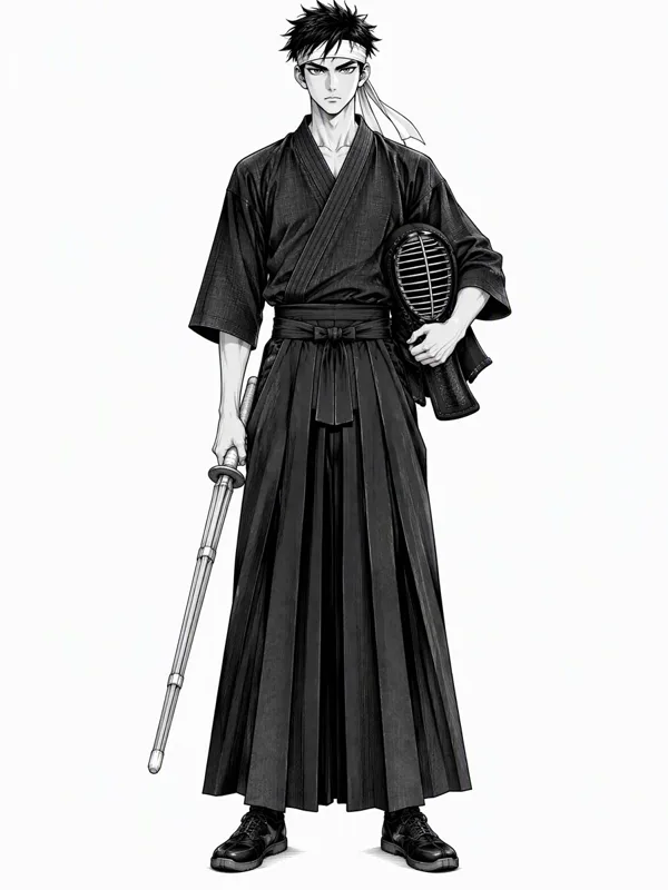 Black-and-white manga kendo swordsman