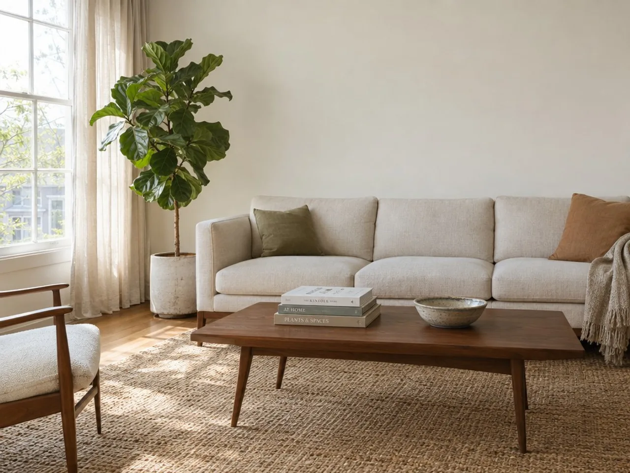 A mid-century living room with a pale oatmeal sofa and a bare wall