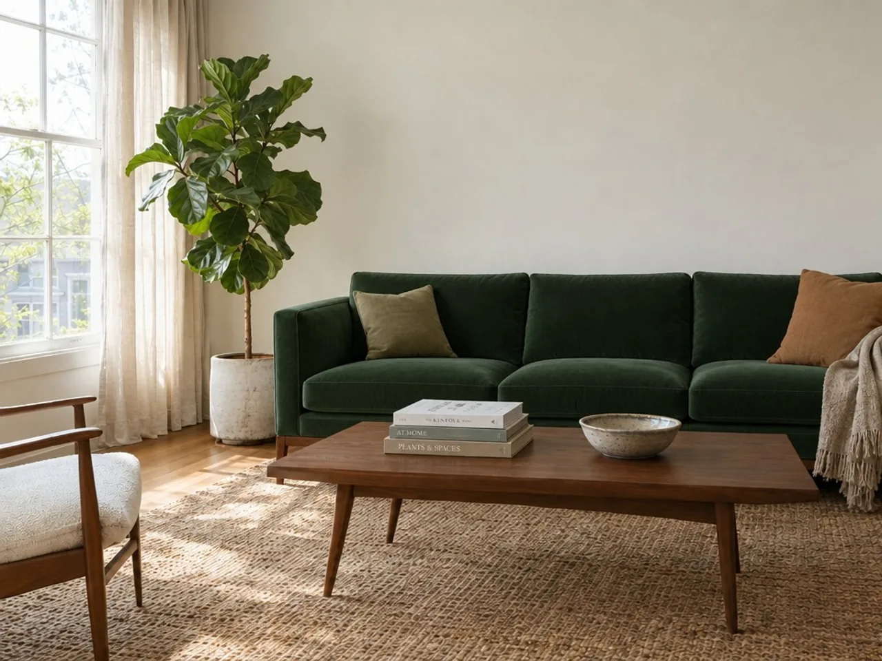 The same room with the sofa reupholstered in green velvet