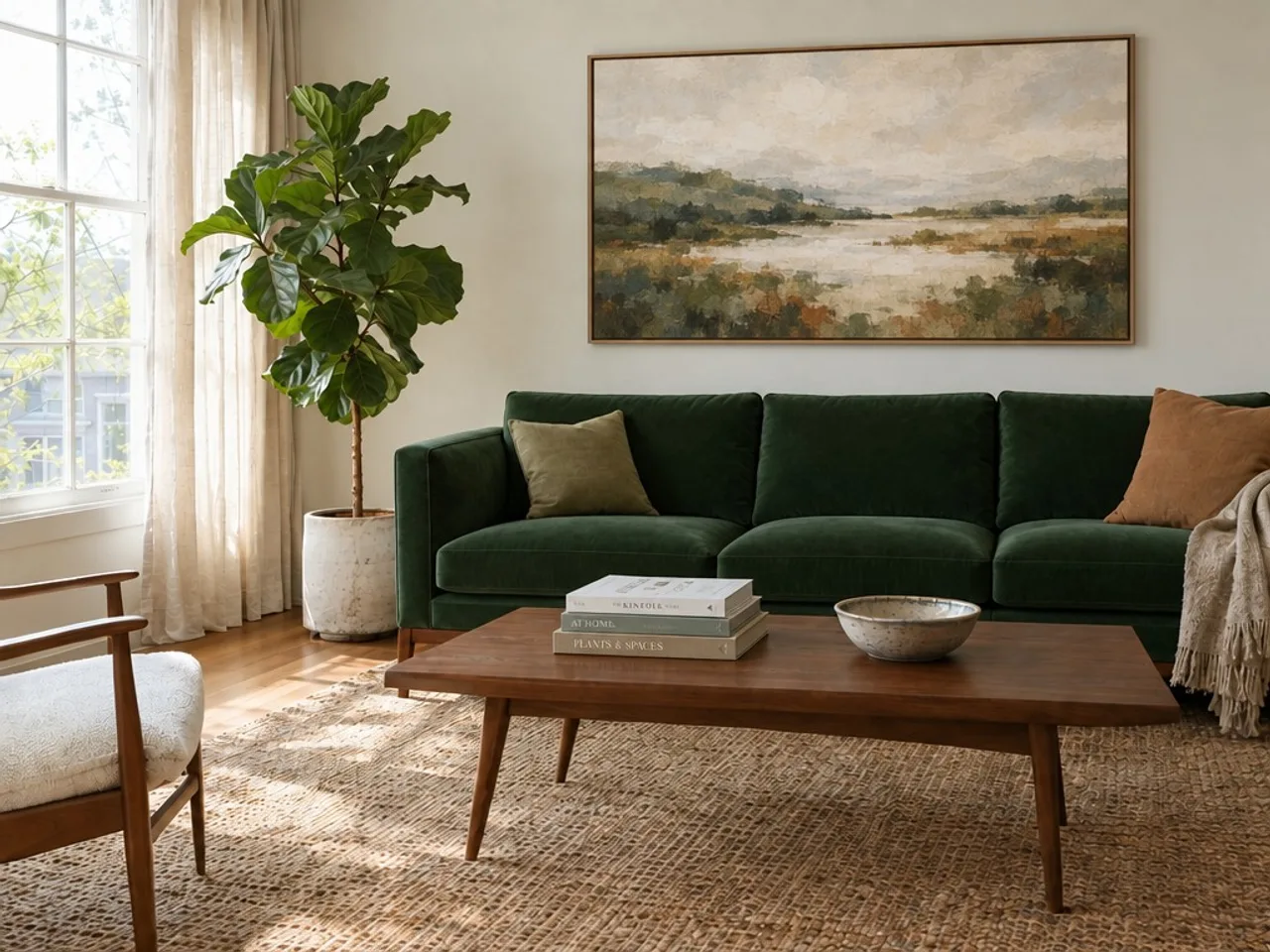 The same room with a large framed landscape print above the sofa