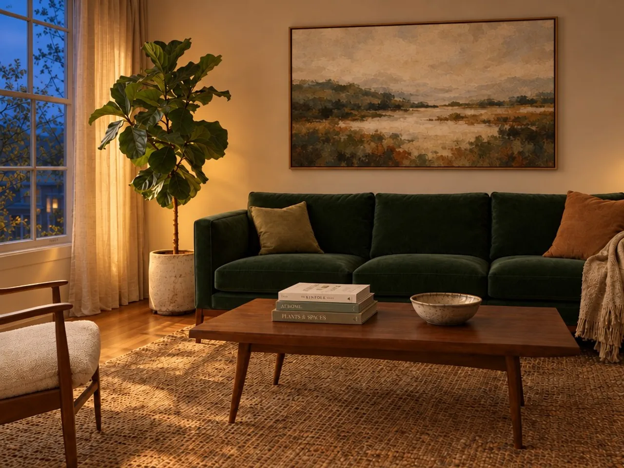 The same room in the evening, lamps on, with the furniture and layout unchanged
