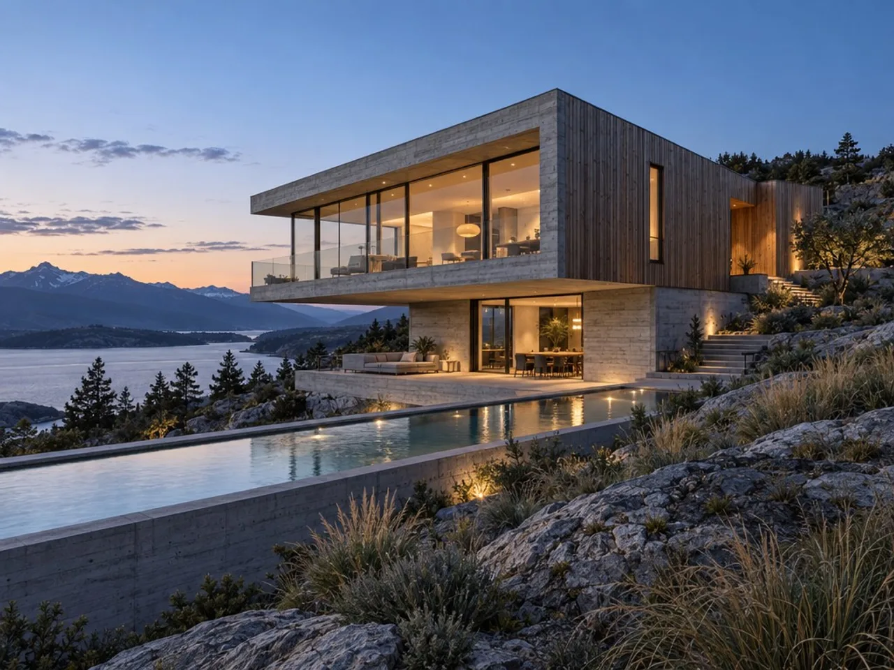 A concrete and timber house at dusk over a rocky slope, made with GPT Image 2.5