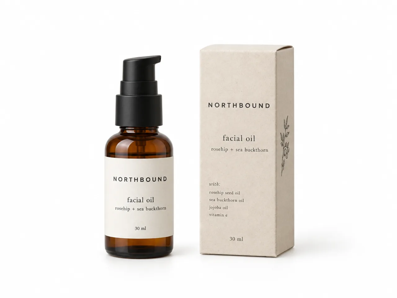An amber NORTHBOUND facial oil bottle and its carton on white, made with GPT Image 2.5