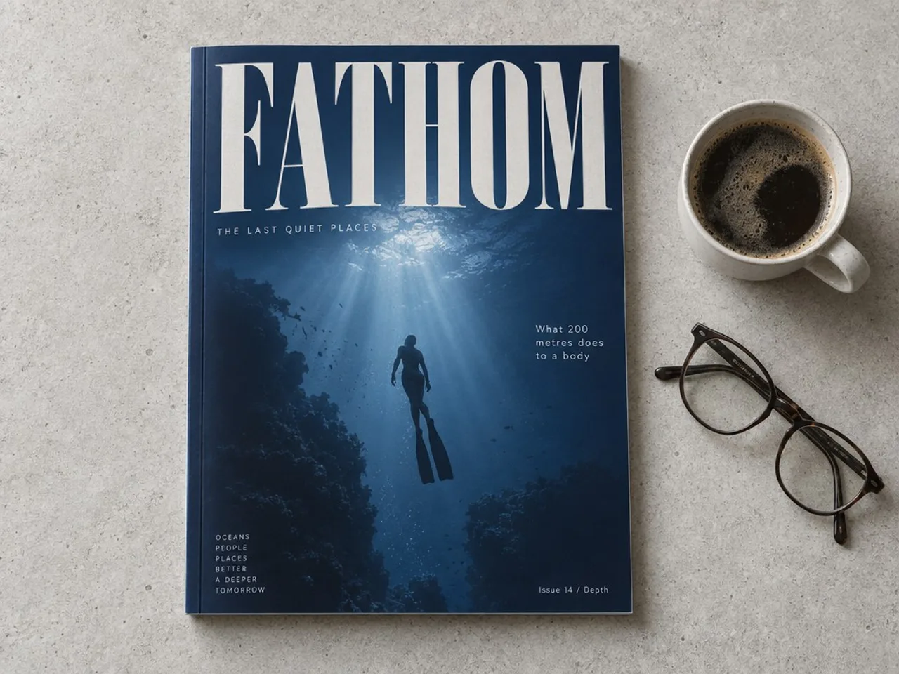 An overhead shot of a magazine cover reading FATHOM with legible cover lines, made with GPT Image 2.5