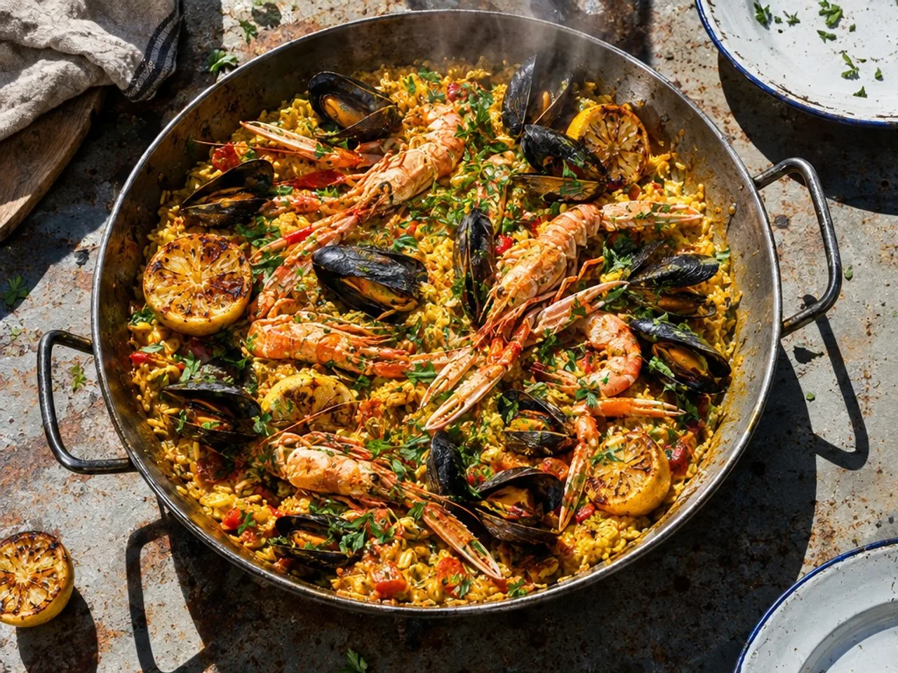 An overhead photo of saffron seafood rice in a steel pan in hard sunlight, made with GPT Image 2.5