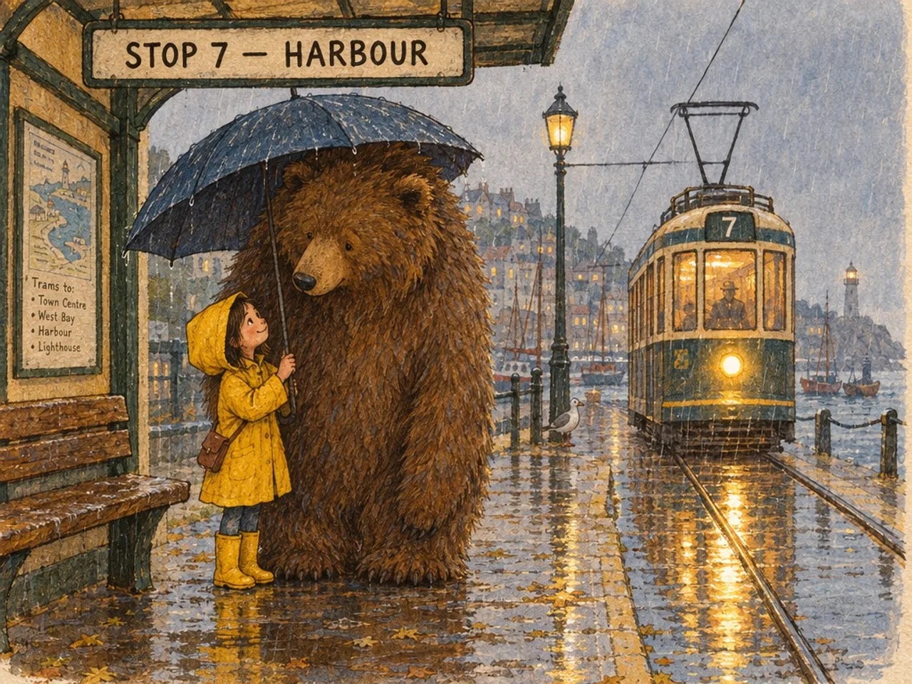 A storybook illustration of a girl in a yellow raincoat and a bear at a tram stop reading STOP 7 HARBOUR, made with GPT Image 2.5