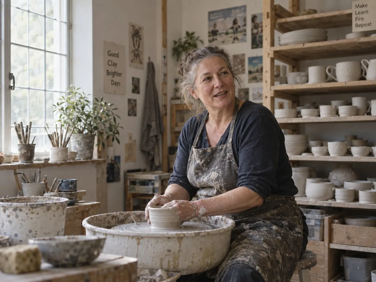 A candid portrait of a ceramicist at her wheel in a sunlit studio, made with GPT Image 2.5
