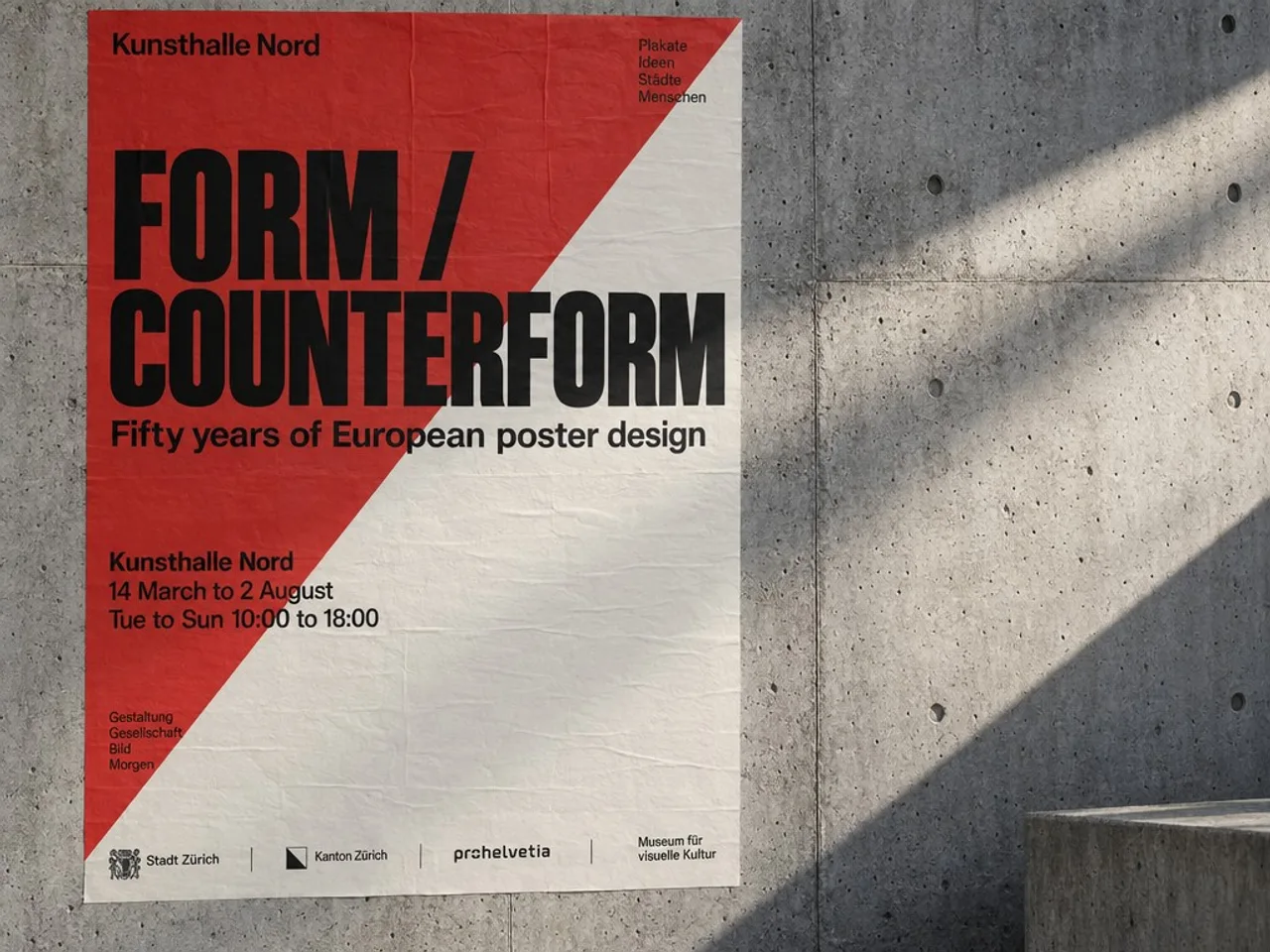 A Swiss-style exhibition poster reading FORM / COUNTERFORM on a concrete wall, made with GPT Image 2.5