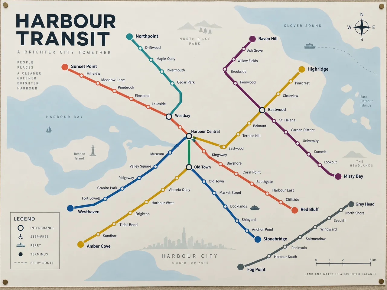 A transit map made with GPT Image 2.5, with six colour-coded lines and every station named