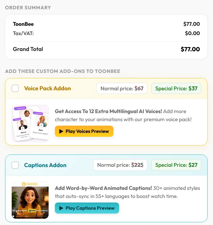 The toonbee.ai checkout showing ToonBee at $77.00, a Voice Pack add-on at $37 with a crossed-out $67, and a Captions add-on at $27 with a crossed-out $225