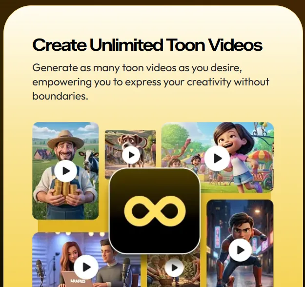 A toonbee.ai feature card headed Create Unlimited Toon Videos