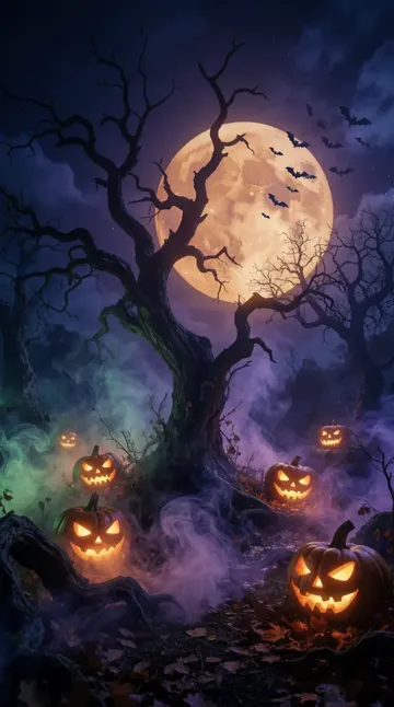 Full moon and jack-o-lanterns