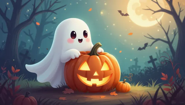 Ghost peeking from behind a pumpkin