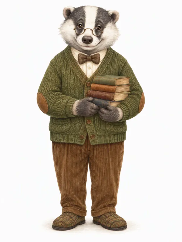 Anthro animal OC: a badger librarian in a cardigan holding books