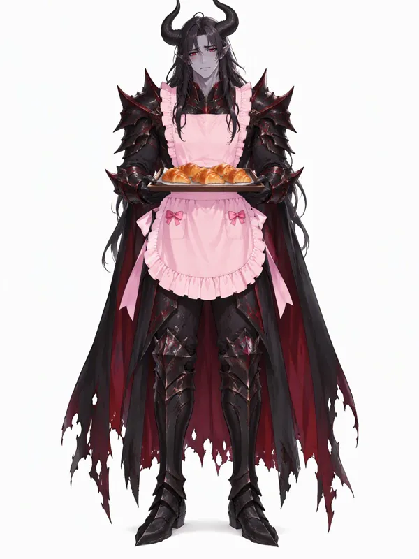 Demon OC: a horned demon lord in black armour wearing a pink apron