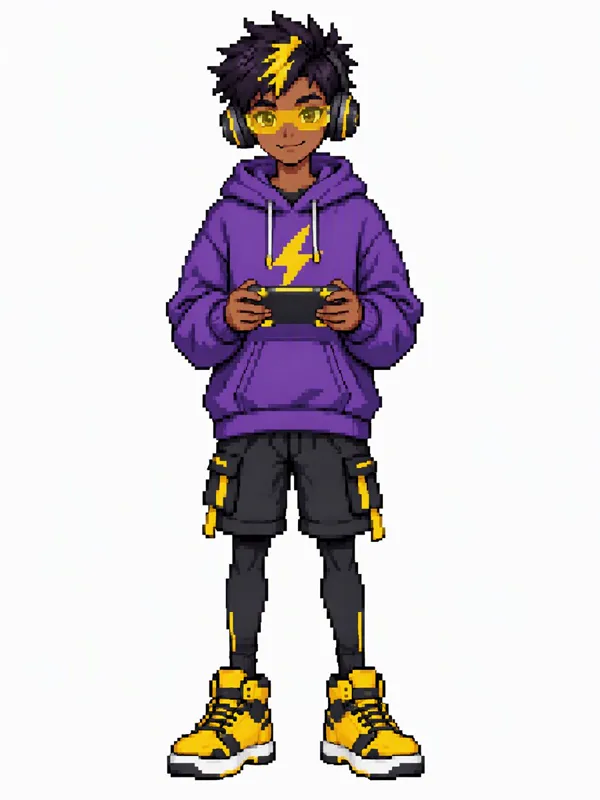 Pixel art OC: a teen hacker in a purple hoodie playing a handheld game