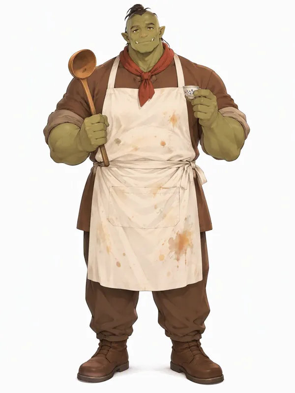 Monster OC: a gentle orc chef in an apron with a wooden spoon
