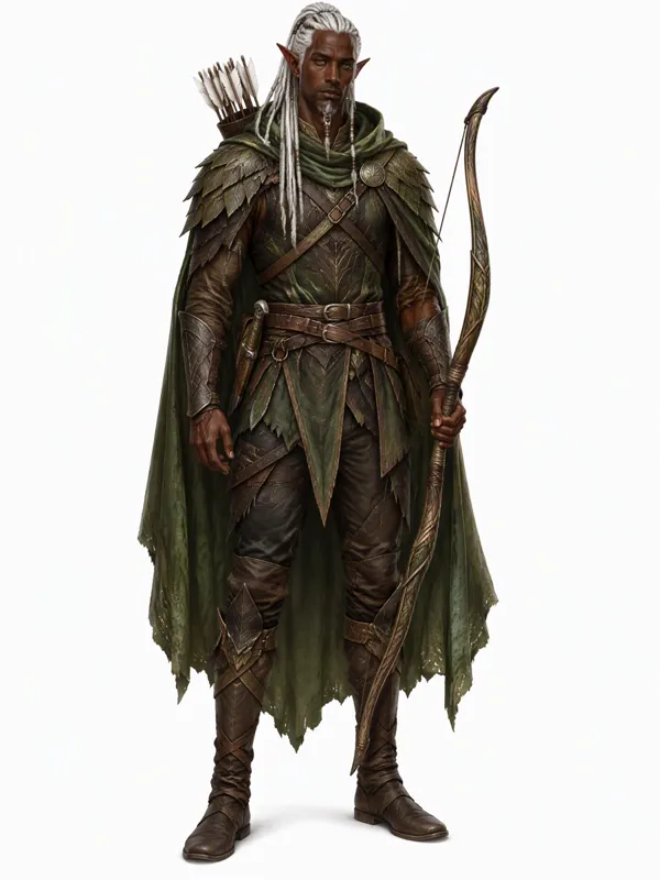 Elf OC: a hooded elven ranger with a longbow and a green cloak