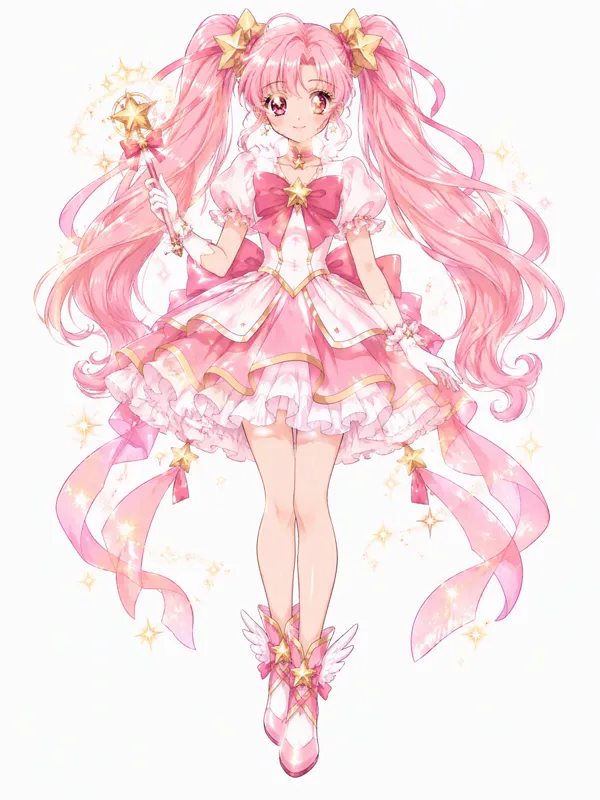 Anime OC: a magical girl with long pink twin tails and a star wand