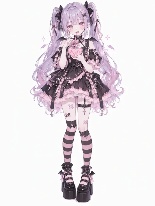 Chibi-style OC: a pastel gothic vampire girl with lilac twin tails