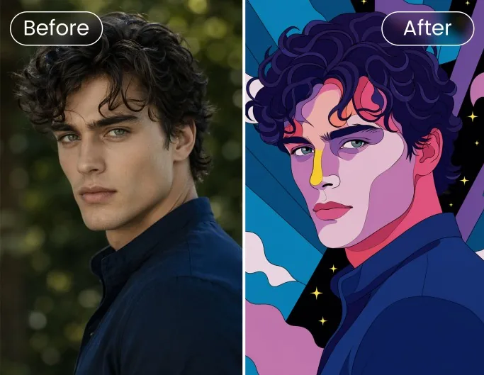A young man with dark curly hair: the photo and the same picture as a 2d cartoon