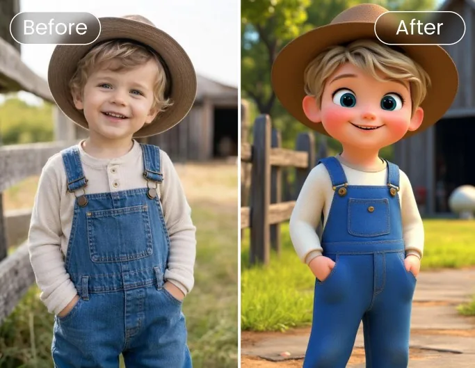 A little boy in overalls and a straw hat: the photo and the same picture as a 3d cartoon