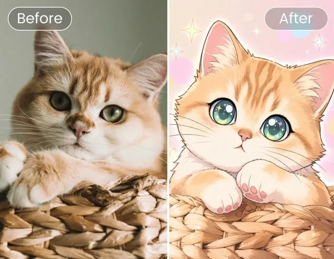 A ginger kitten in a basket: the photo and the same picture as a chibi avatar