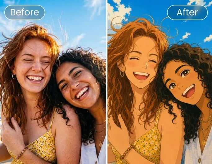 Two laughing friends on a sunny day: the photo and the same picture as a classic animated