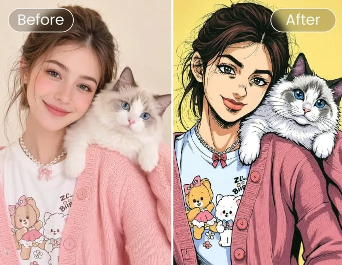 A young woman holding her cat: the photo and the same picture as a comic book