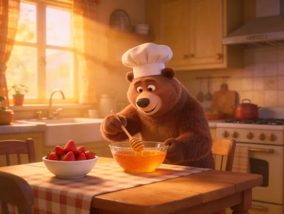 A bear baking, in a Pixar-style 3D look (animal character)