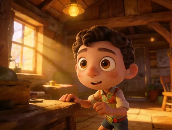 A boy in a cabin, in a Pixar-style 3D look (character scene)