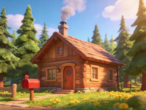 A log cabin in the woods, in a Pixar-style 3D look (movie scene)
