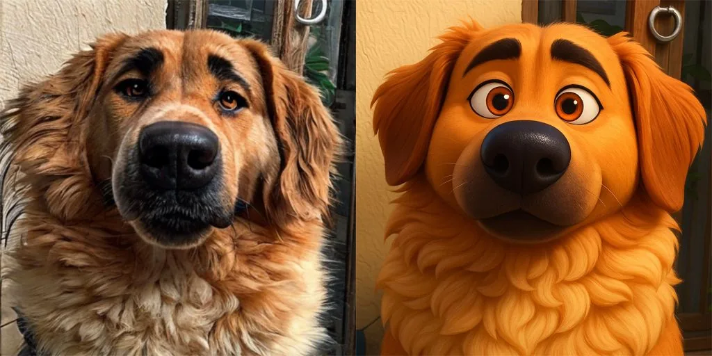 A shaggy brown dog, in a Pixar-style 3D look (pet character)