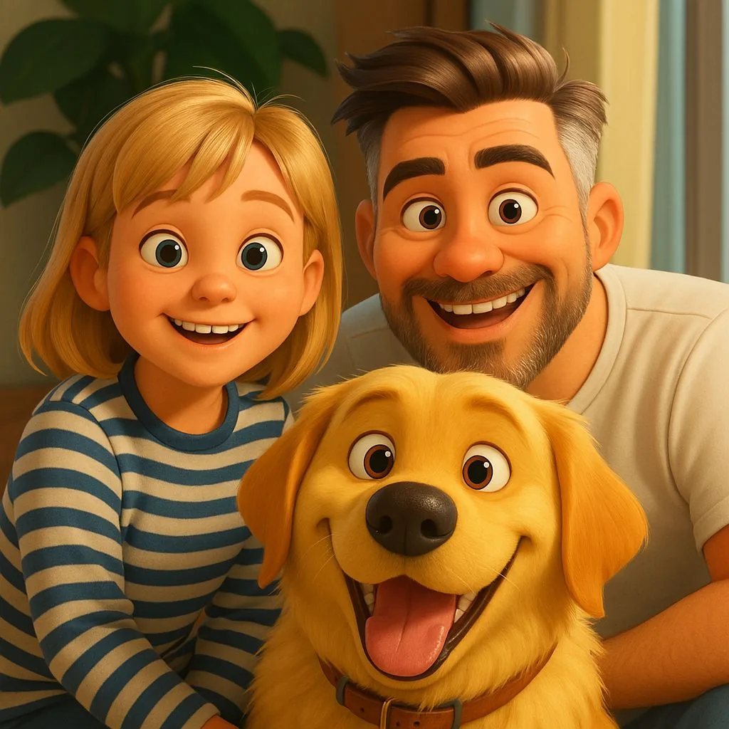 A dad, his daughter and their dog, in a Pixar-style 3D look (family poster)
