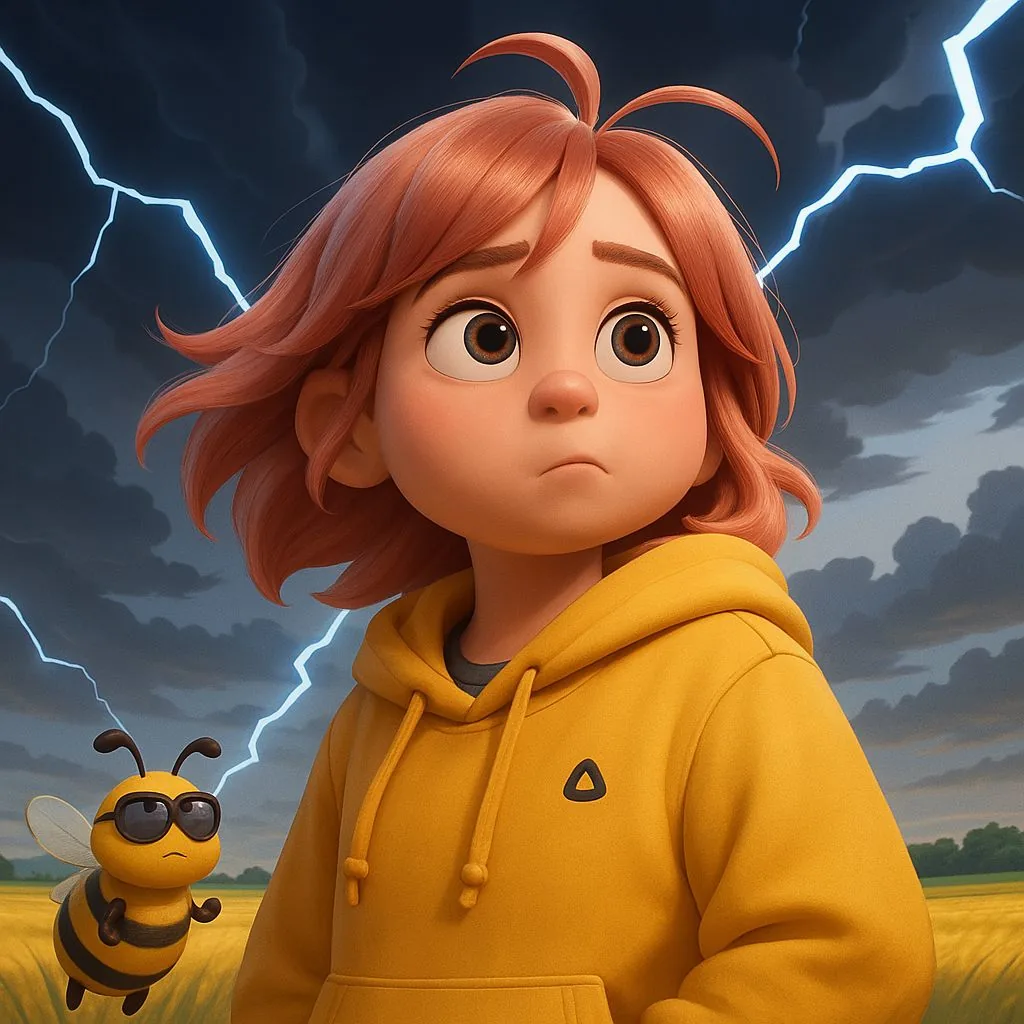 A girl in a yellow hoodie in a storm, in a Pixar-style 3D look (character scene)
