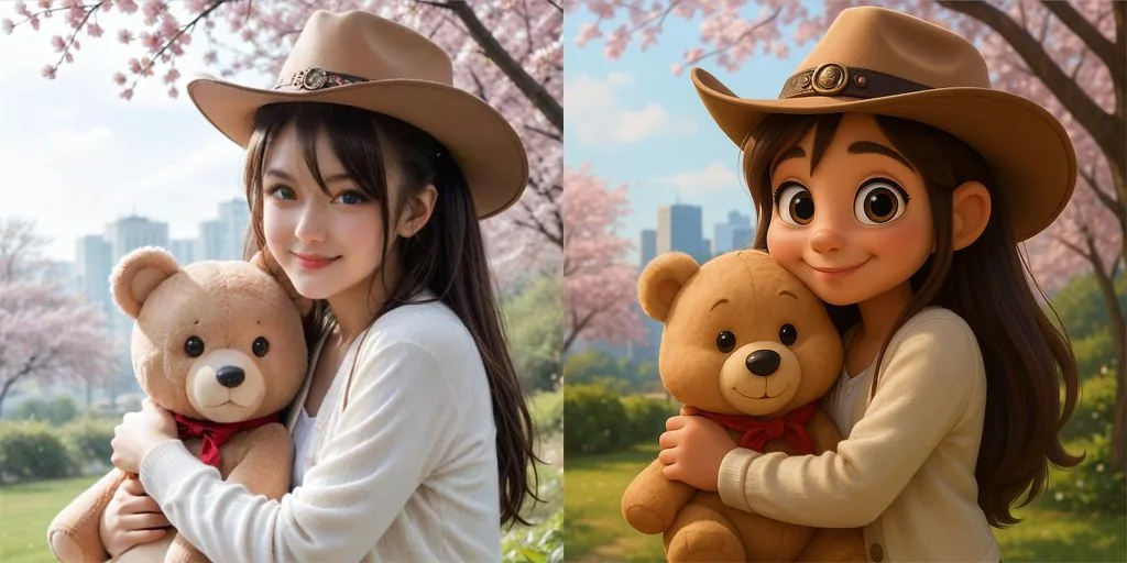 A girl hugging a teddy bear, in a Pixar-style 3D look (movie hero)