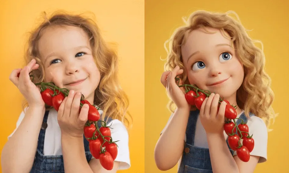 A girl holding tomatoes, in a Pixar-style 3D look (movie hero)