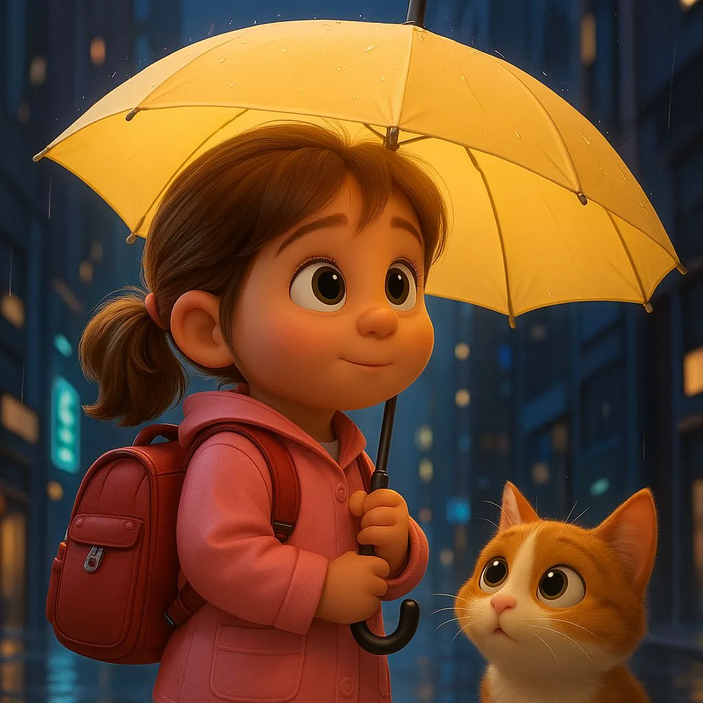 A girl with an umbrella and her cat, in a Pixar-style 3D look (character with pet)