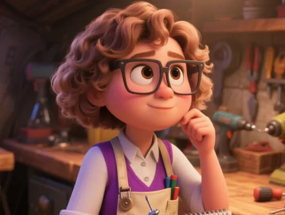 A girl with glasses in a workshop, in a Pixar-style 3D look (character scene)
